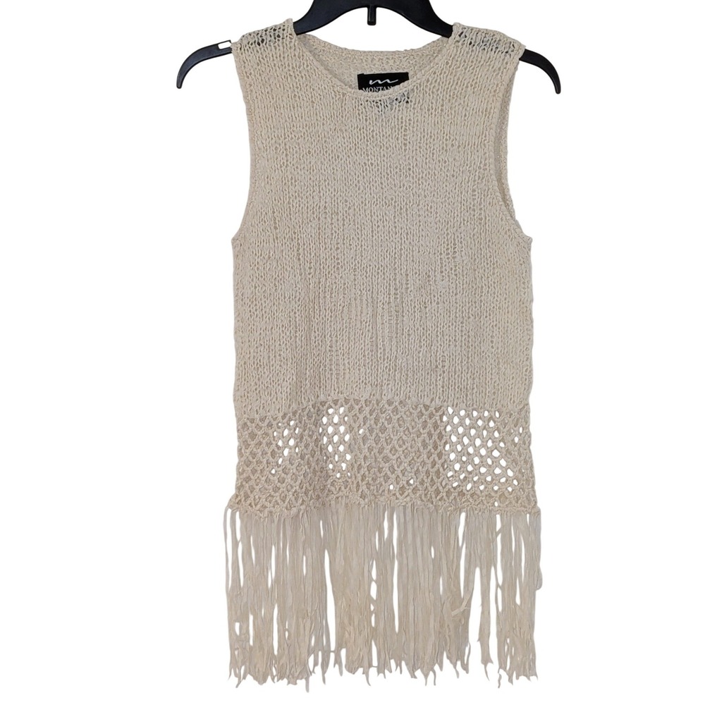 Montana Co Cream Knit Fringe Sleeveless Boho Western Festival Top Small NWT